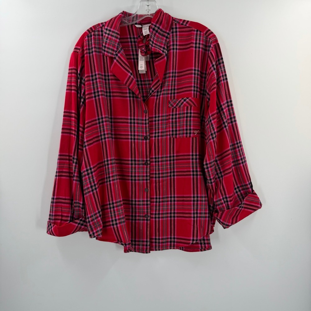 Victorias Secret Red Pink Plaid Pajama Top XL/XG Metallic Lurex & Scrunchie NEW